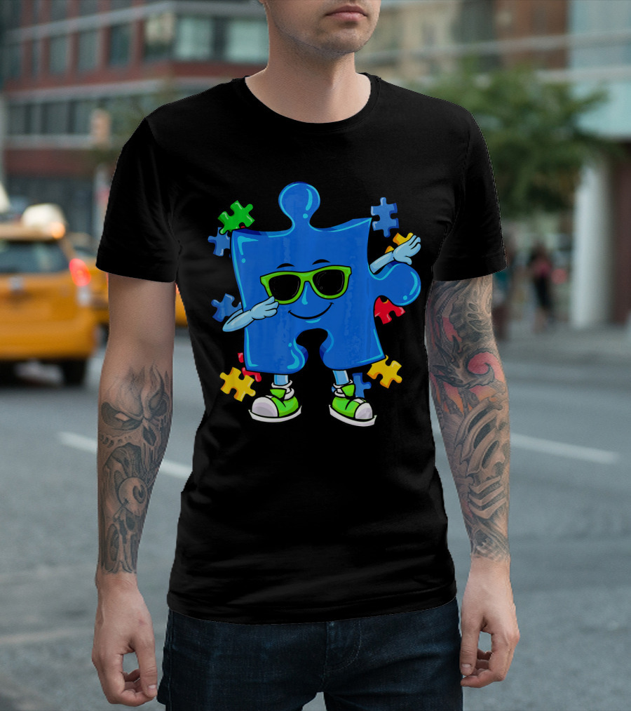 Dabbing Puzzle Piece Cool Sunglasses Autism Awareness T-Shirt