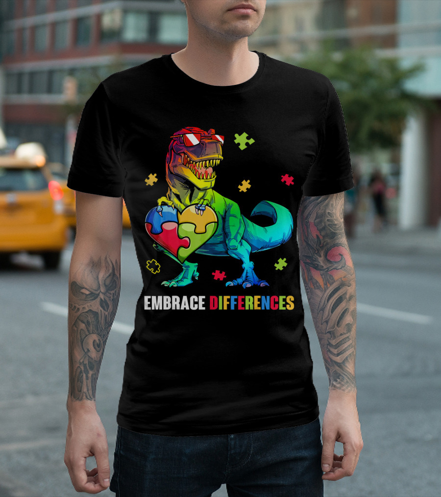 Embrace Differences Dinosaur Holding Heart Puzzle Pieces T-Shirt