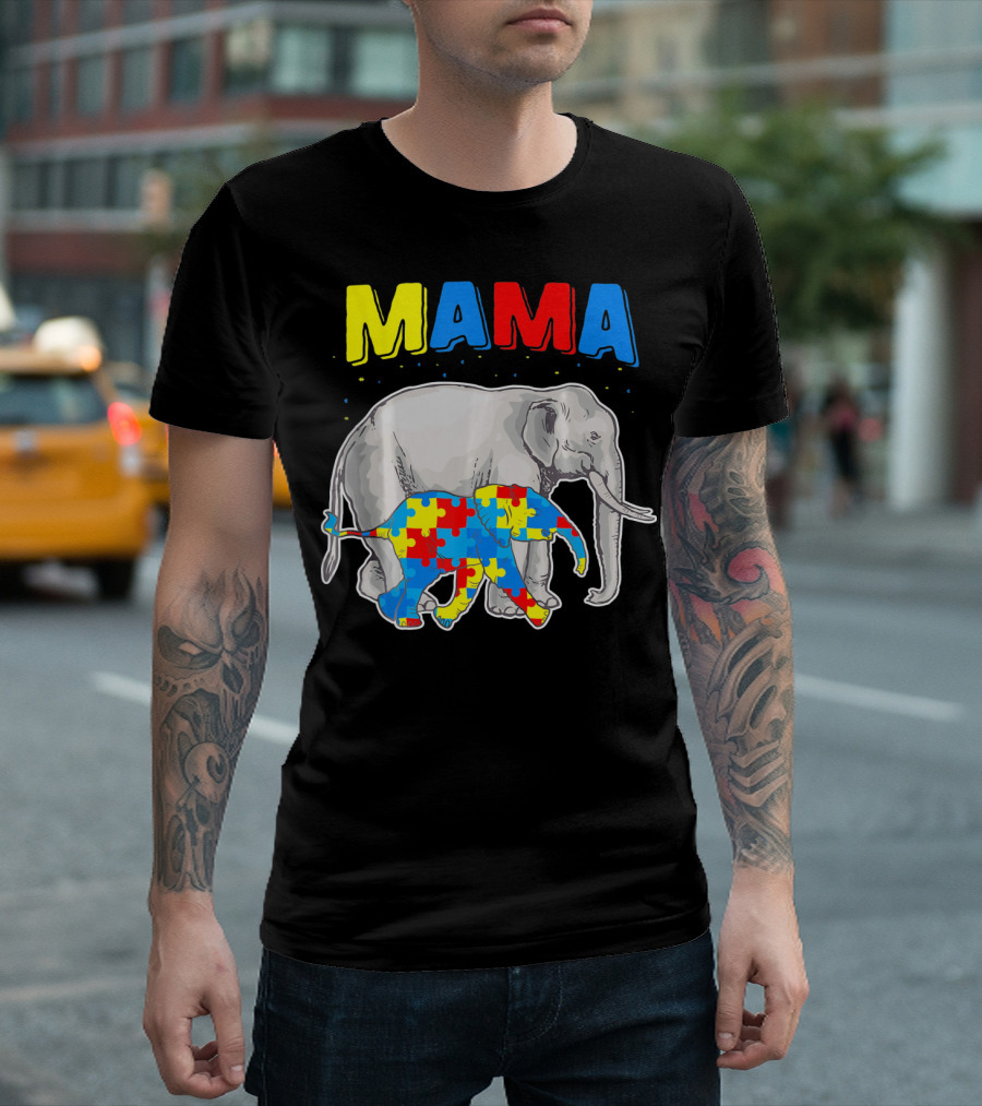 Mama Elephant Puzzle Piece Autism Awareness T-Shirt
