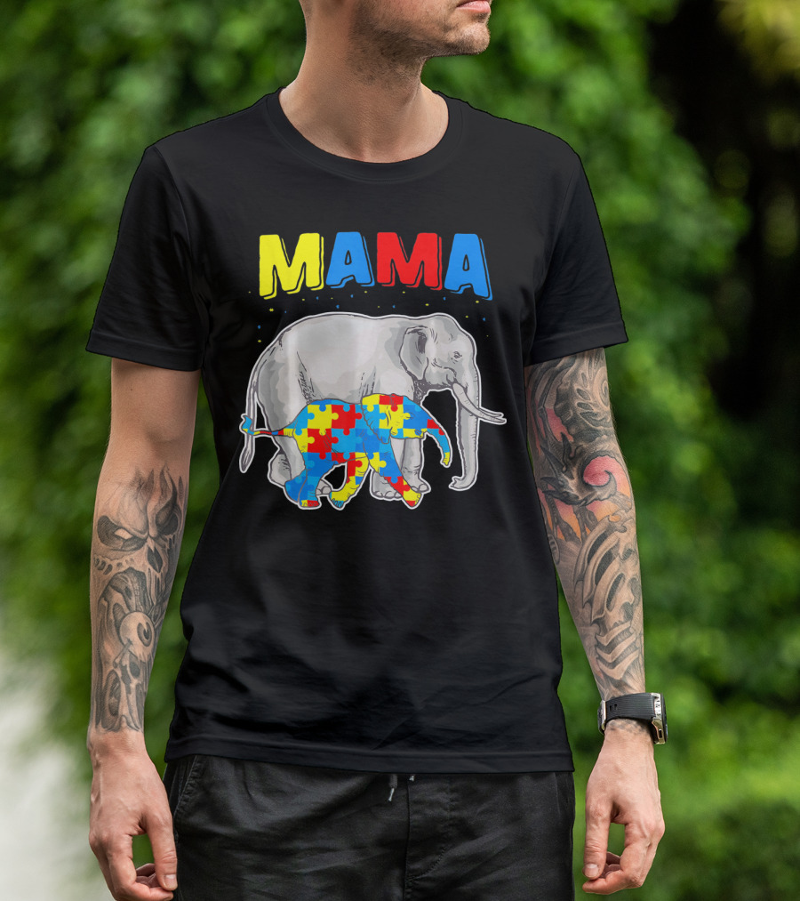 Mama Elephant Puzzle Piece Autism Awareness T-Shirt