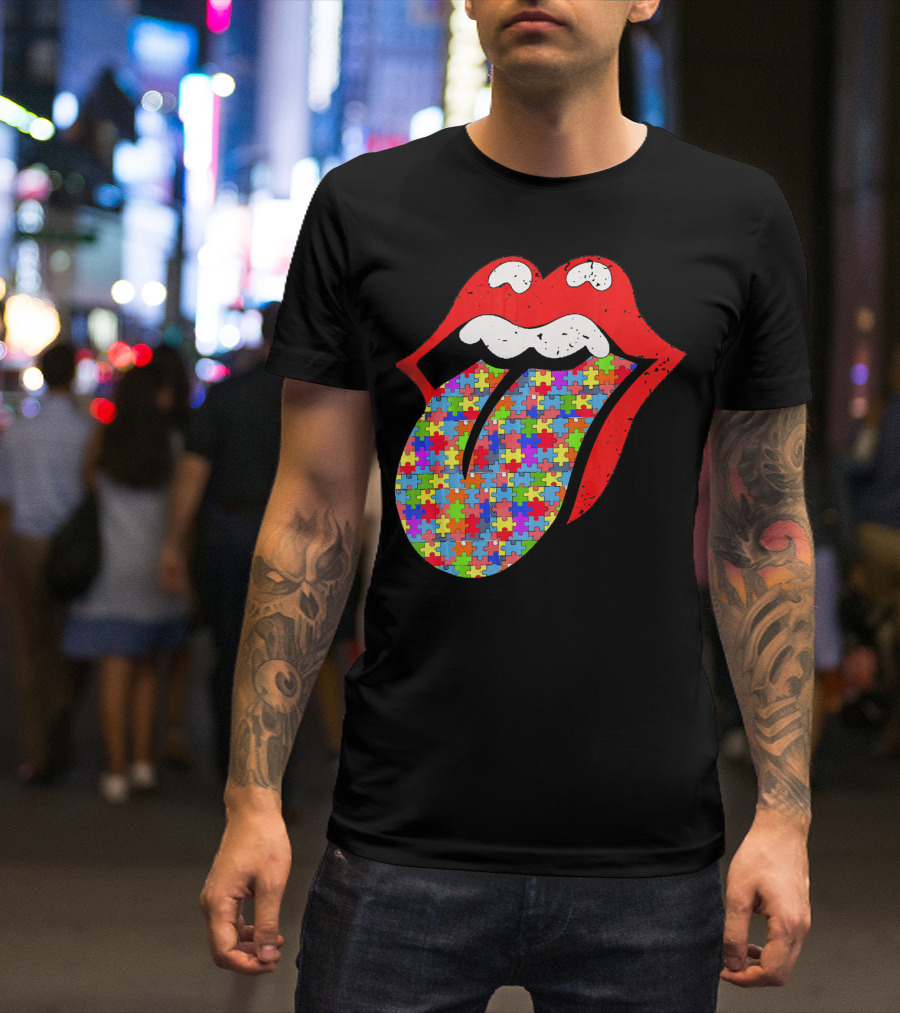 Red Lips Tongue Icon With Colorful Autism Awareness Puzzle Piece T-Shirt