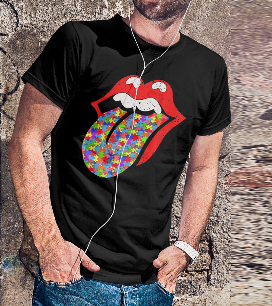 Red Lips Tongue Icon With Colorful Autism Awareness Puzzle Piece T-Shirt