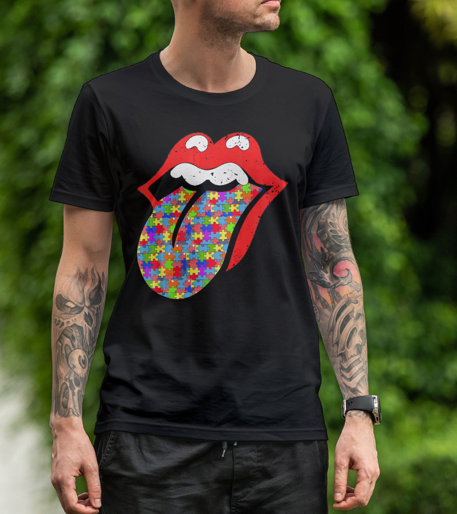 Red Lips Tongue Icon With Colorful Autism Awareness Puzzle Piece T-Shirt
