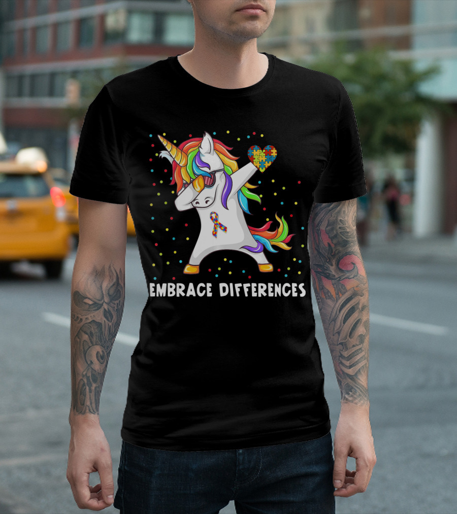 Embrace Differences Rainbow Dabbing Unicorn Puzzle Heart Autism Awareness T-Shirt