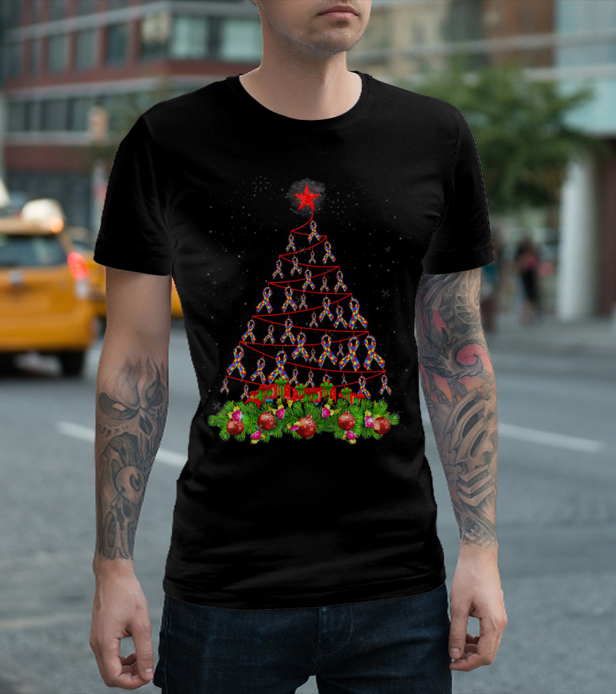 Autism Awareness Ribbon Christmas Tree With Red Star And Ornaments T-Shirt