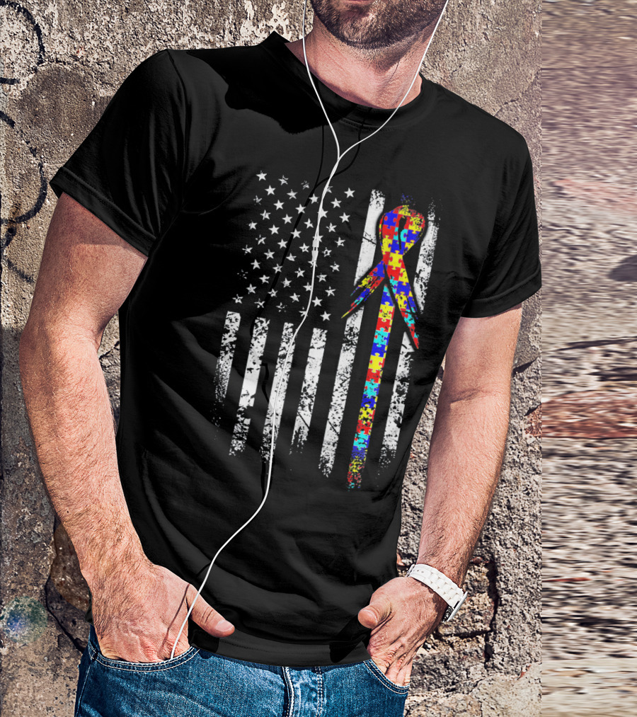 BACK PRINT Autism Awareness USA Flag Puzzle T-Shirt