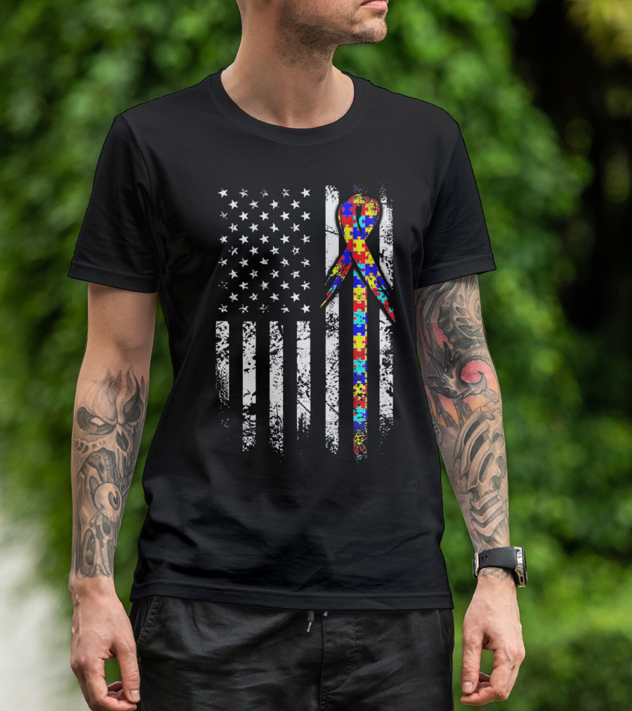 BACK PRINT Autism Awareness USA Flag Puzzle T-Shirt