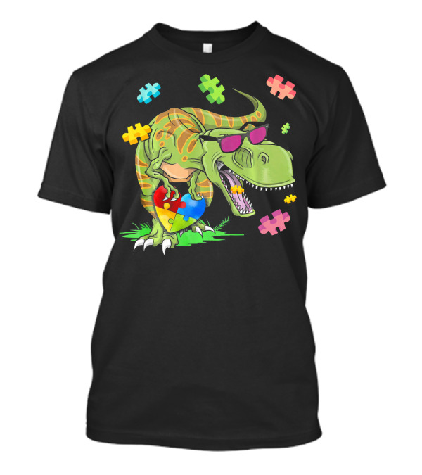 T Rex Dinosaur Autism Awareness Puzzle Heart Sunglasses T-Shirt