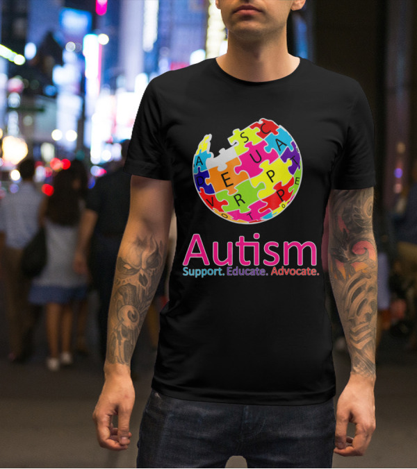 Autism Support Educate Advocate Puzzle Globe T-Shirt