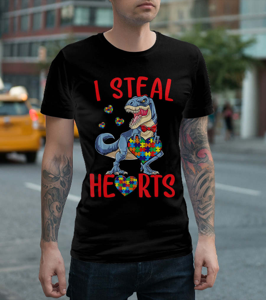 I Steal Hearts Dinosaur with Puzzle Piece Hearts Autism Awareness T-Shirt