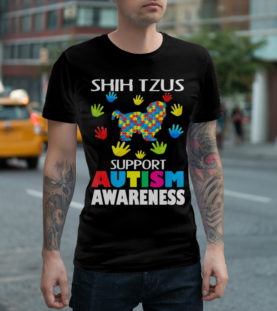 Shih Tzus Support Autism Awareness Puzzle Pattern and Colorful Handprints T-Shirt