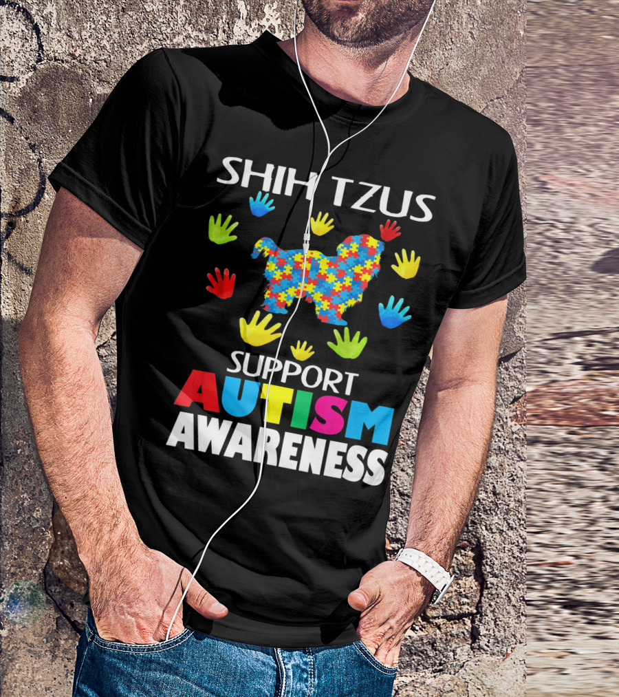 Shih Tzus Support Autism Awareness Puzzle Pattern And Colorful Handprints T-Shirt