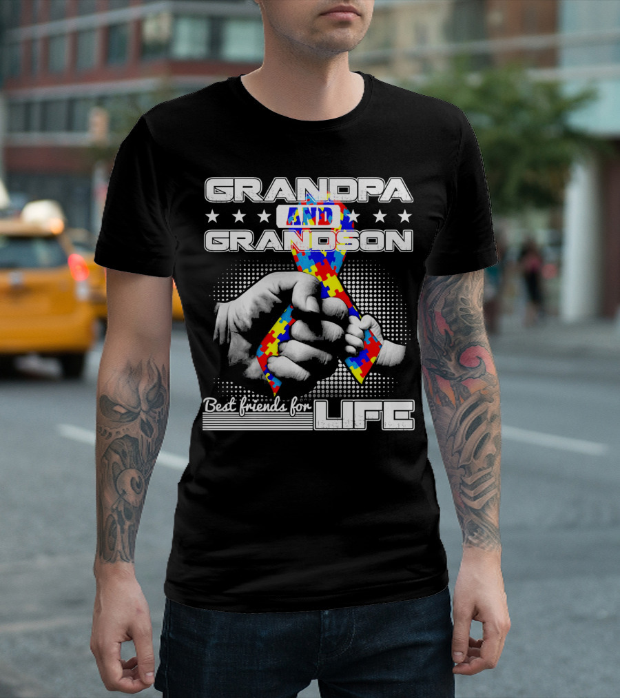 Grandpa and Grandson Best Friends for Life with Autism Puzzle T-Shirt