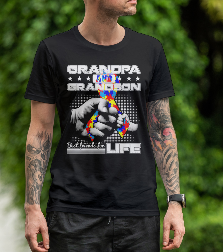 Grandpa And Grandson Best Friends For Life With Autism Puzzle T-Shirt