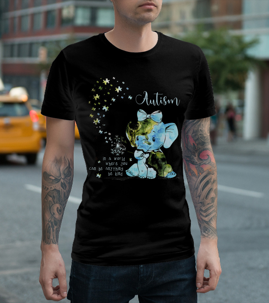 Autism Awareness Be Kind Elephant Dandelion Puzzle Pieces T-Shirt