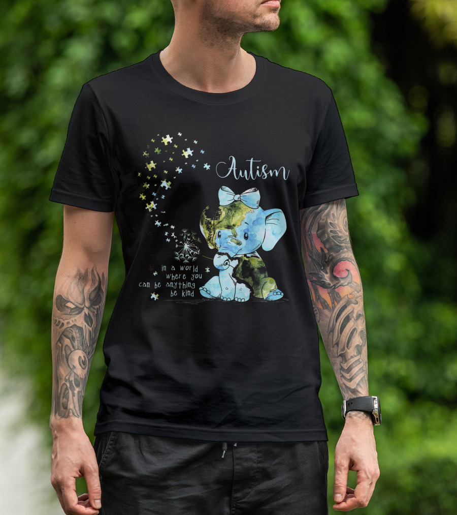 Autism Awareness Be Kind Elephant Dandelion Puzzle Pieces T-Shirt