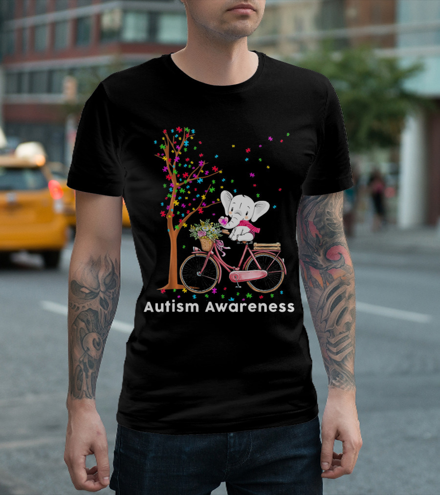 Autism Awareness Elephant Riding Bicycle With Puzzle Pieces And Tree T-Shirt