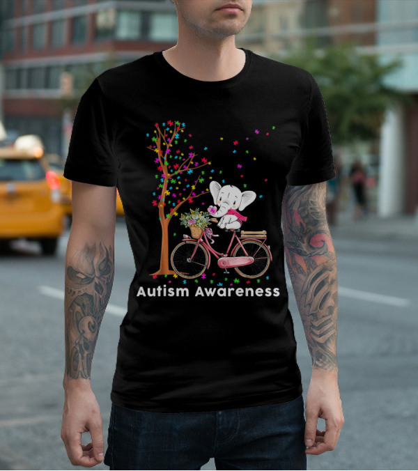 Autism Awareness Elephant Riding Bicycle With Puzzle Pieces And Tree T-Shirt