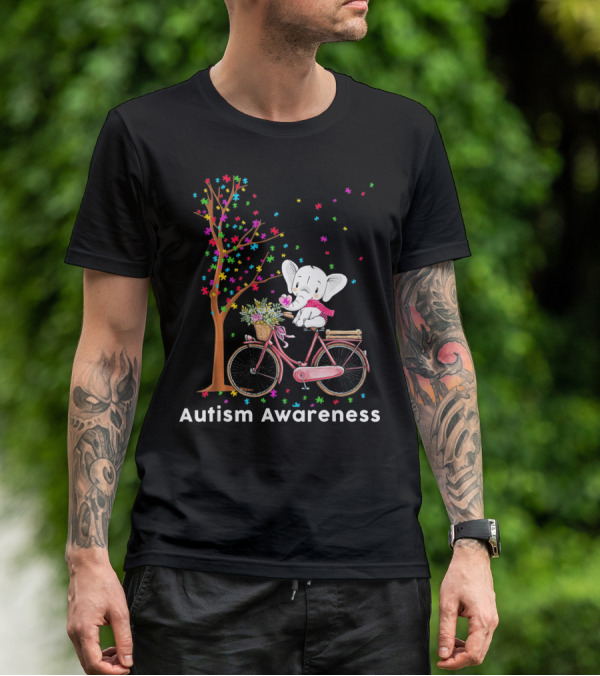 Autism Awareness Elephant Riding Bicycle With Puzzle Pieces And Tree T-Shirt