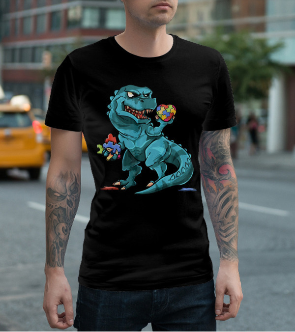 Autism Awareness Dinosaur Puzzle Rex Heart T-Shirt
