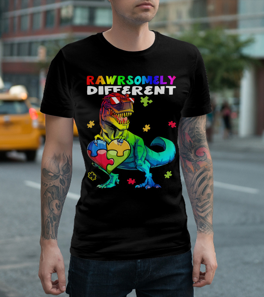 Rawrsomely Different Autism Awareness Dinosaur Puzzle Heart T-Shirt