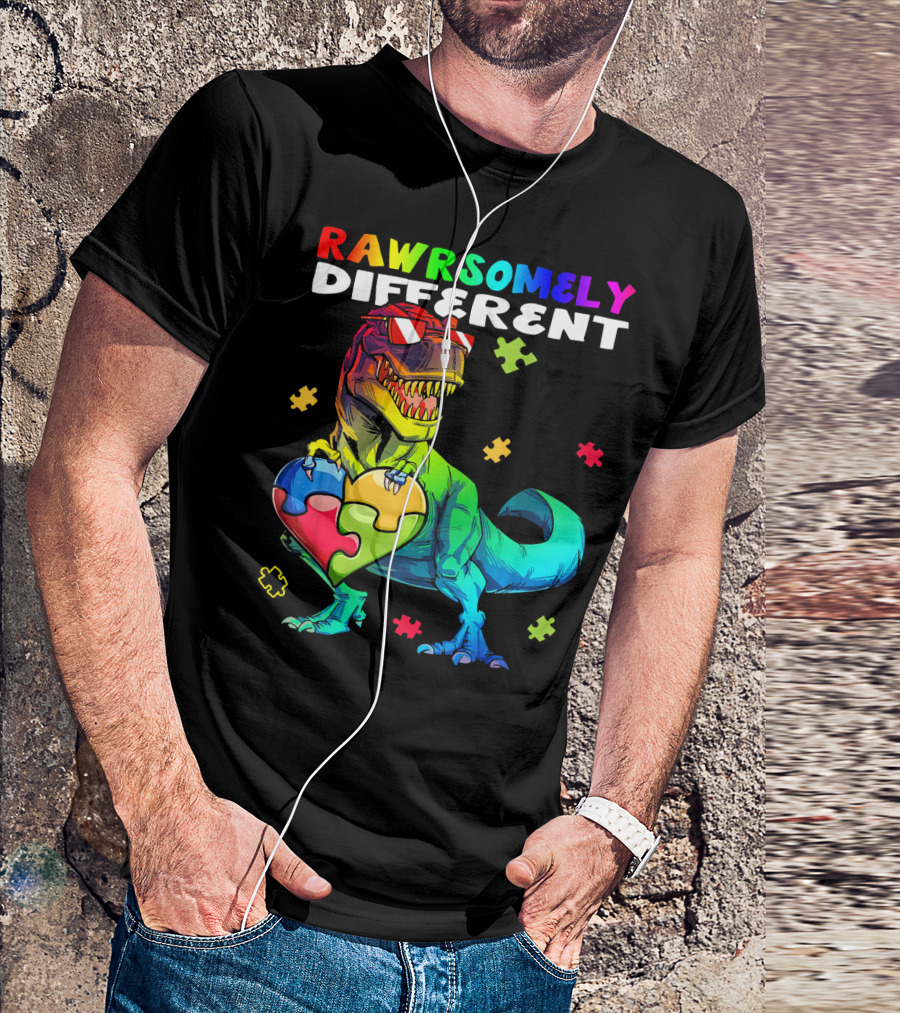 Rawrsomely Different Autism Awareness Dinosaur Puzzle Heart T-Shirt