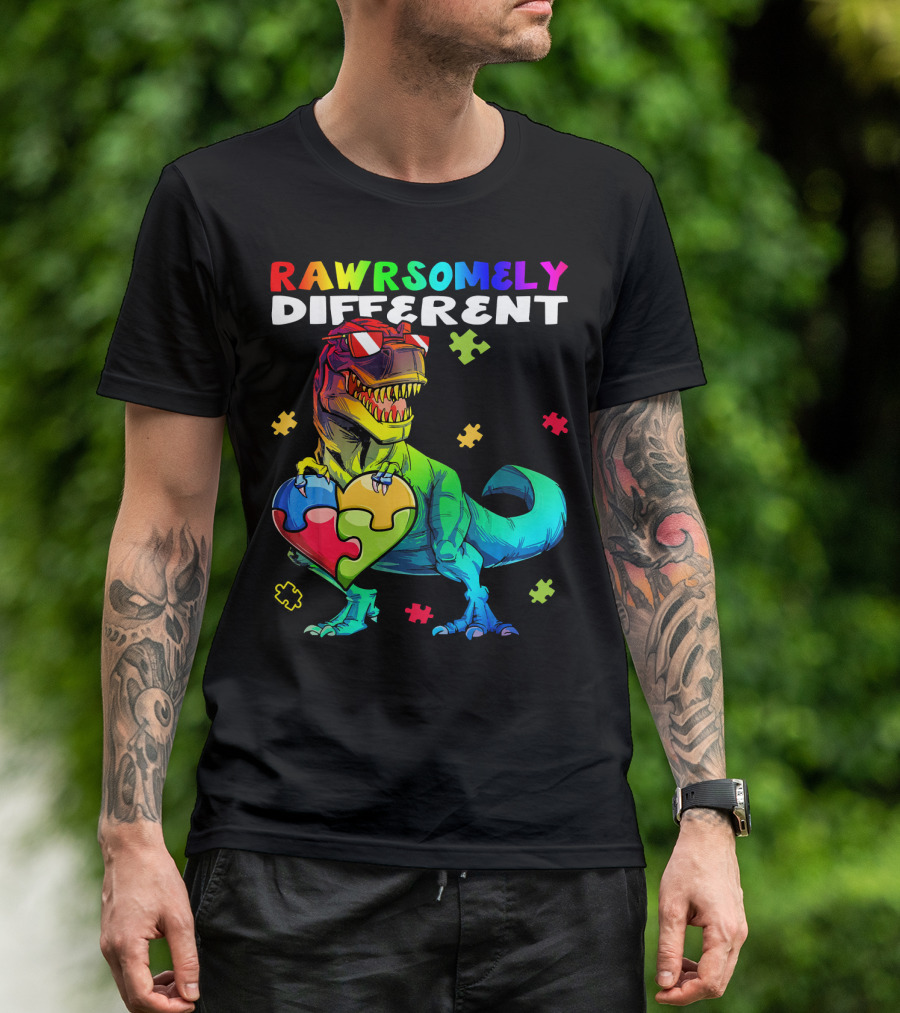 Rawrsomely Different Autism Awareness Dinosaur Puzzle Heart T-Shirt
