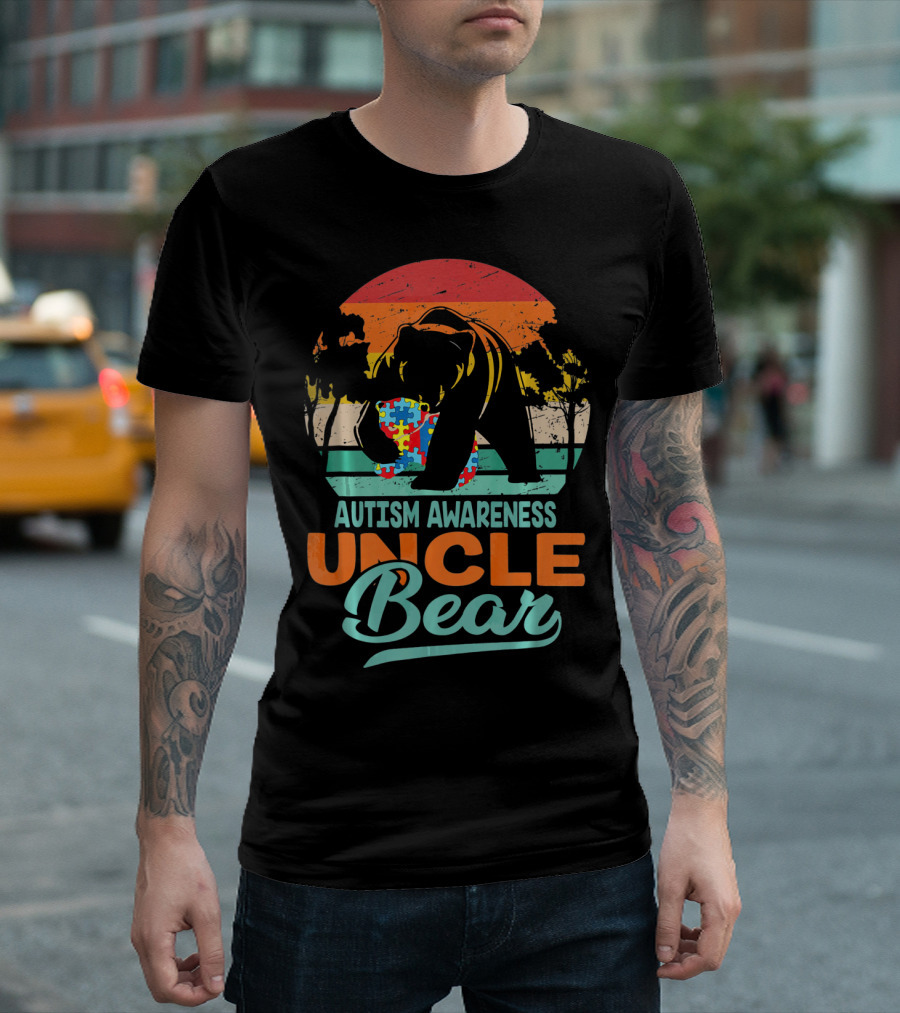 Autism Awareness Uncle Bear Puzzle Sunset T-Shirt