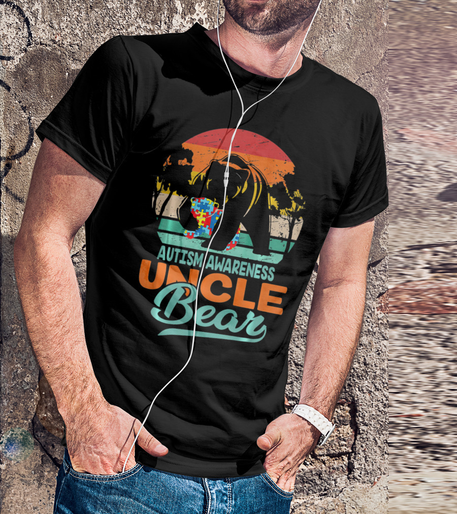 Autism Awareness Uncle Bear Puzzle Sunset T-Shirt