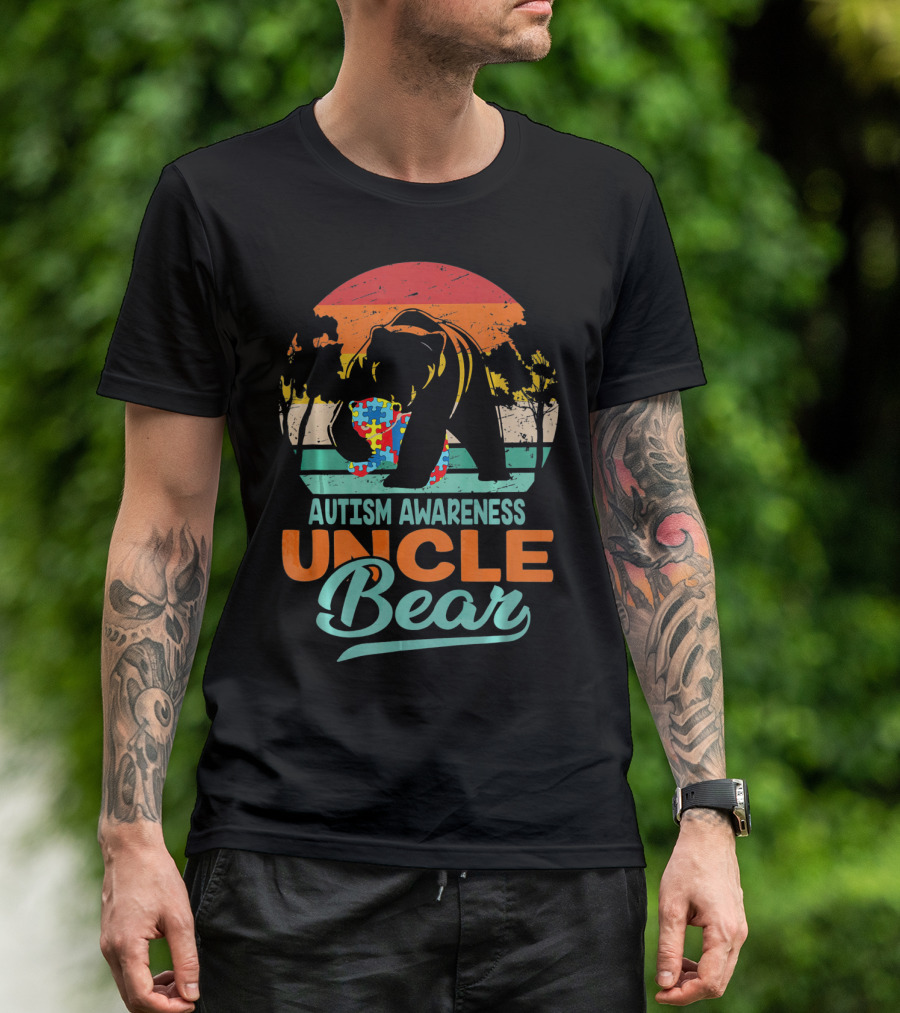 Autism Awareness Uncle Bear Puzzle Sunset T-Shirt