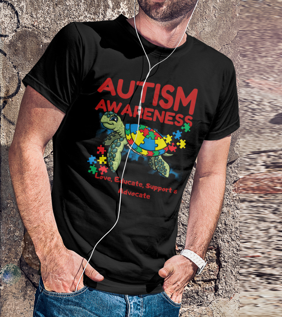 AUTISM AWARENESS LOVE EDUCATE SUPPORT ADVOCATE PUZZLE TURTLE T-Shirt