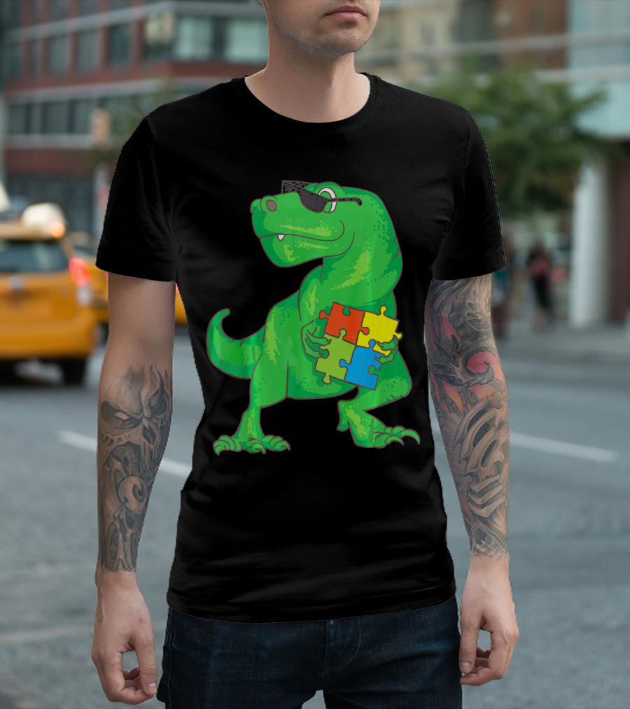 Autism Awareness Month Dinosaur Holding Puzzle Pieces T-Shirt
