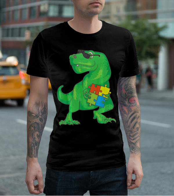 Autism Awareness Month Dinosaur Holding Puzzle Pieces T-Shirt