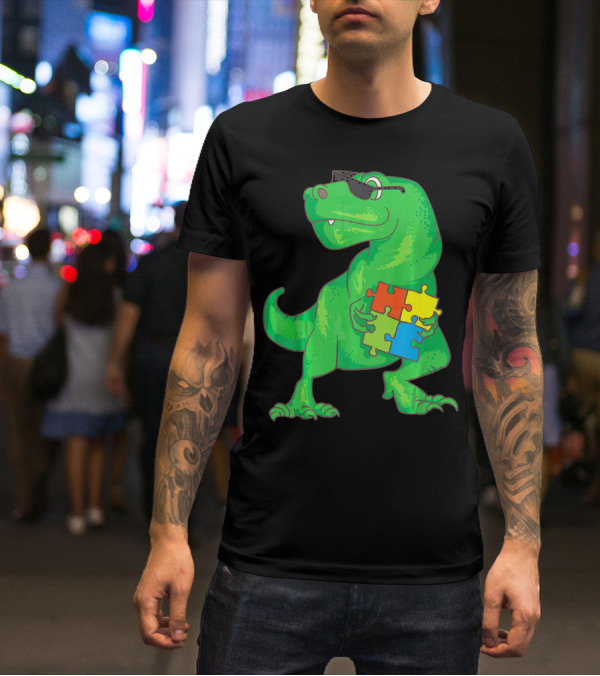 Autism Awareness Month Dinosaur Holding Puzzle Pieces T-Shirt