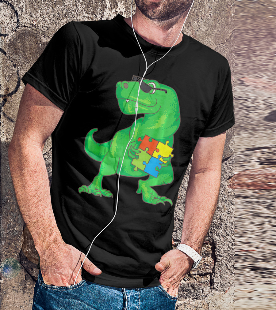 Autism Awareness Month Dinosaur Holding Puzzle Pieces T-Shirt