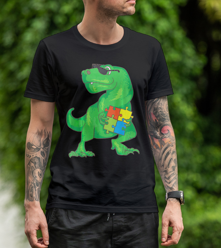Autism Awareness Month Dinosaur Holding Puzzle Pieces T-Shirt