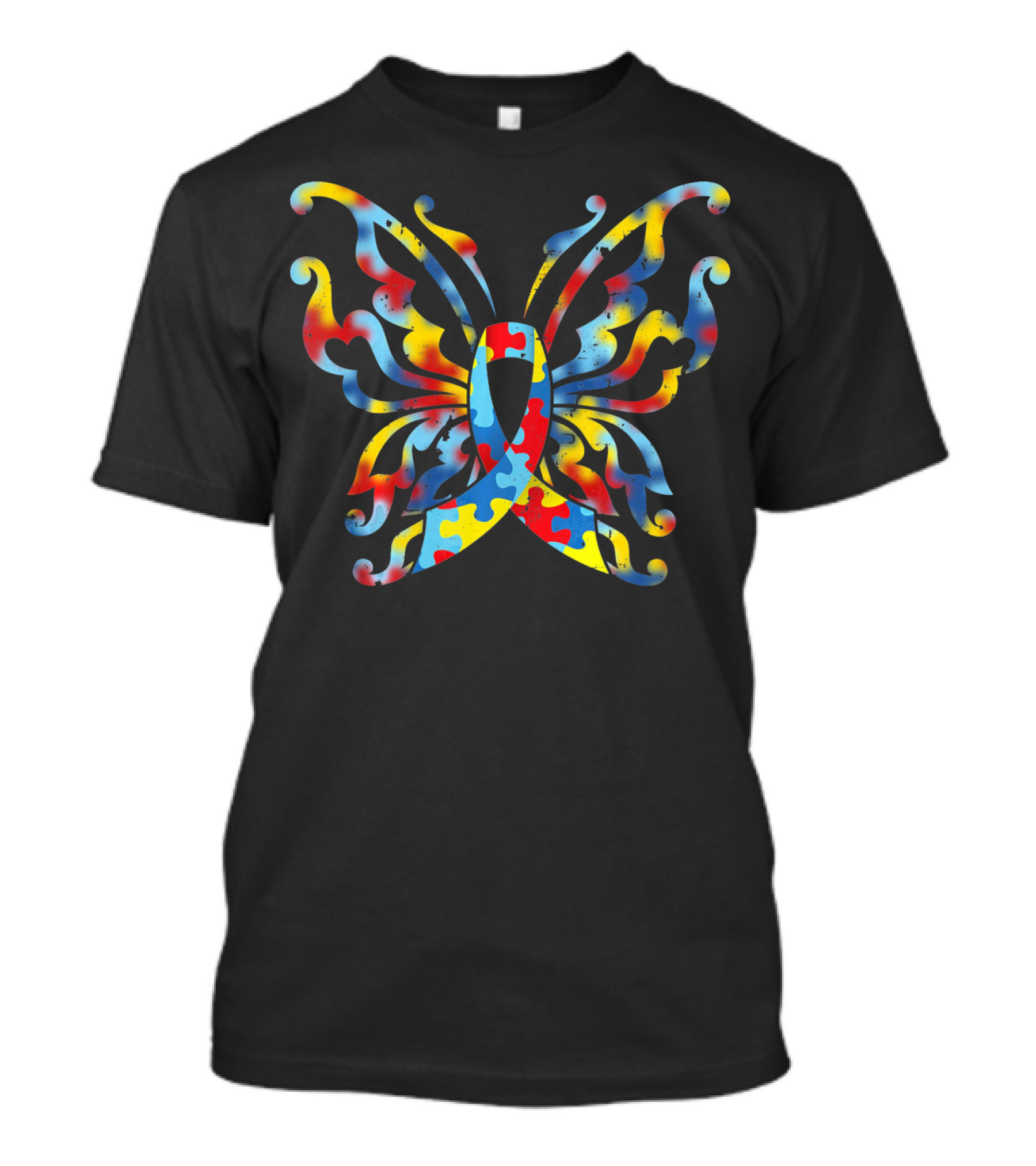 Autism Awareness Butterfly Puzzle Ribbon Multi-Color T-Shirt