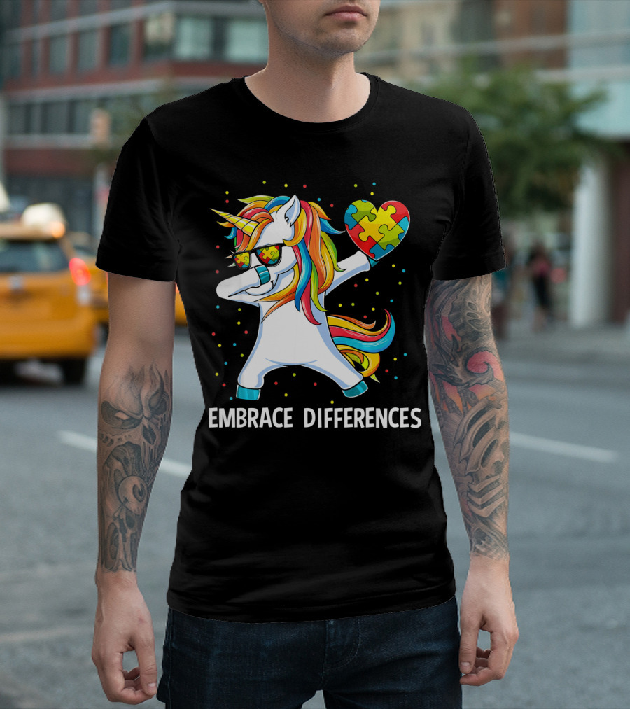 Embrace Differences Autism Awareness Unicorn Dab Puzzle Heart T-Shirt