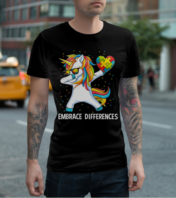 Embrace Differences Autism Awareness Unicorn Dab Puzzle Heart T-Shirt