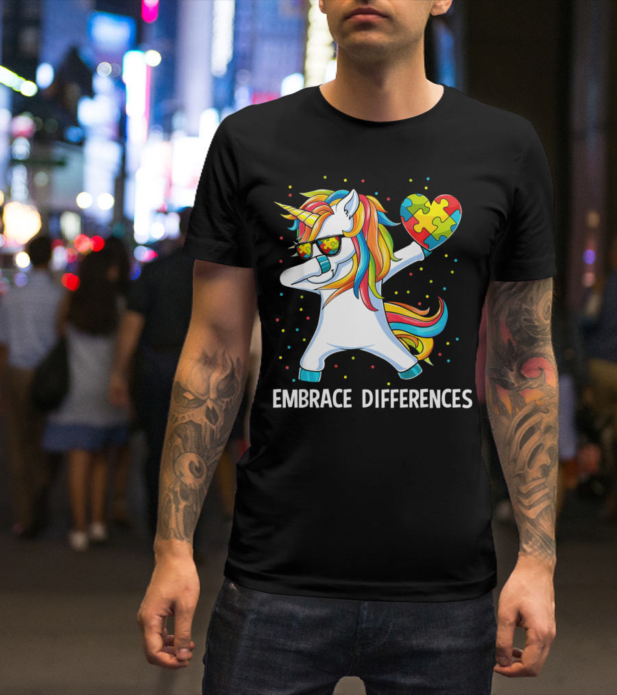 Embrace Differences Autism Awareness Unicorn Dab Puzzle Heart T-Shirt