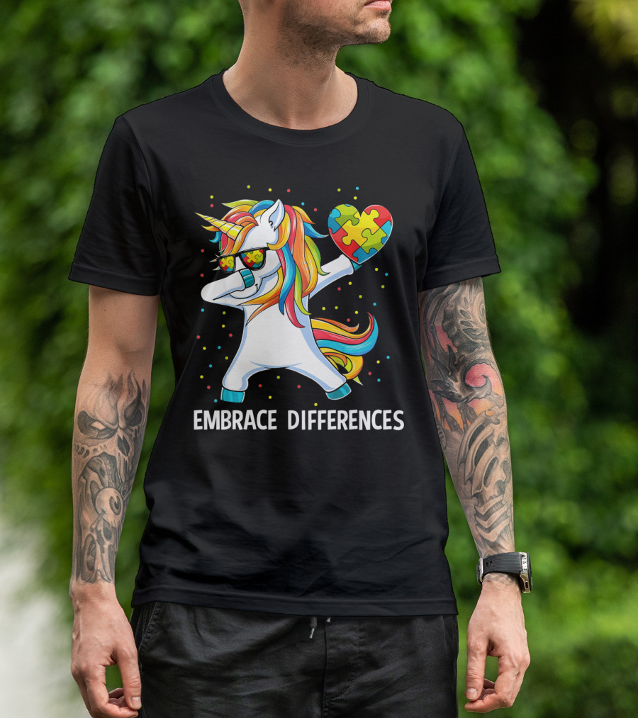 Embrace Differences Autism Awareness Unicorn Dab Puzzle Heart T-Shirt