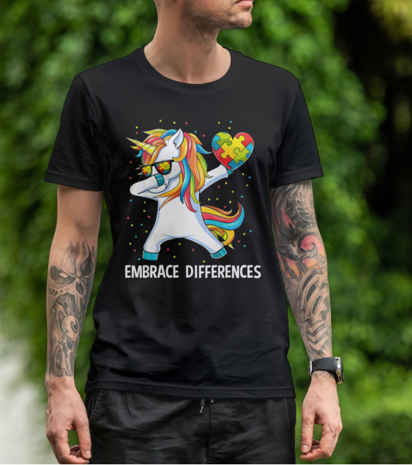 Embrace Differences Autism Awareness Unicorn Dab Puzzle Heart T-Shirt