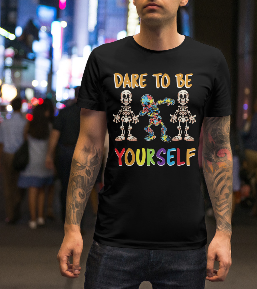 Dare To Be Yourself Autism Awareness Day Skeleton Dabbing T-Shirt