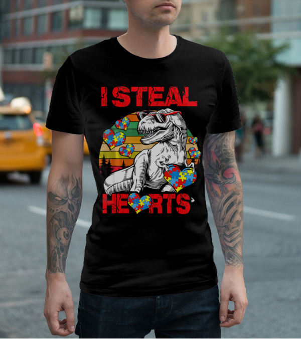 I Steal Hearts Autism Awareness Vintage Dinosaur T-Shirt