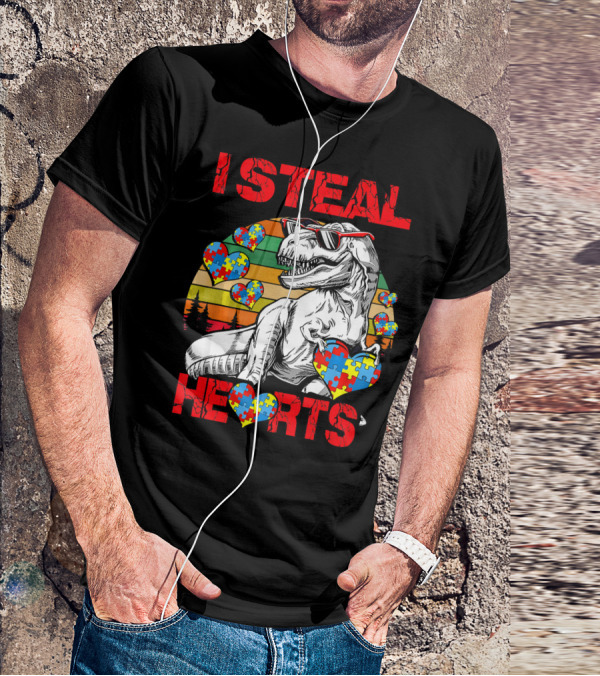 I Steal Hearts Autism Awareness Vintage Dinosaur T-Shirt