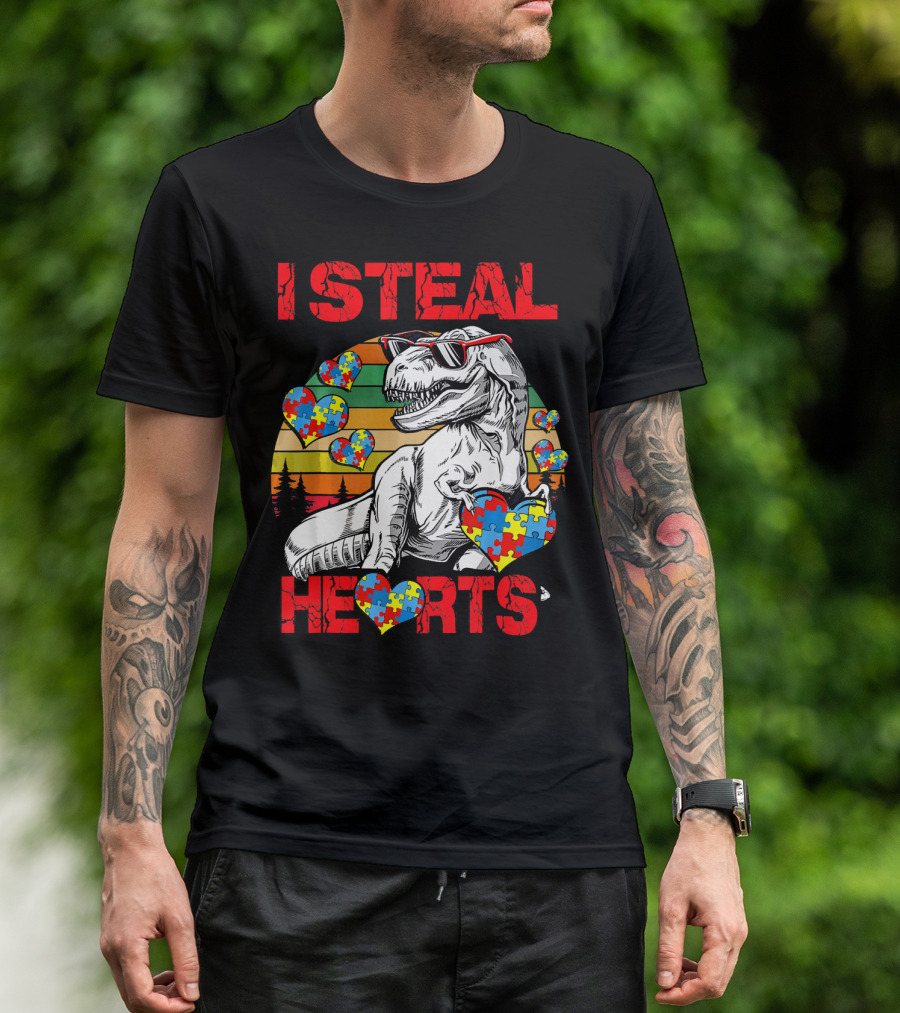 I Steal Hearts Autism Awareness Vintage Dinosaur T-Shirt