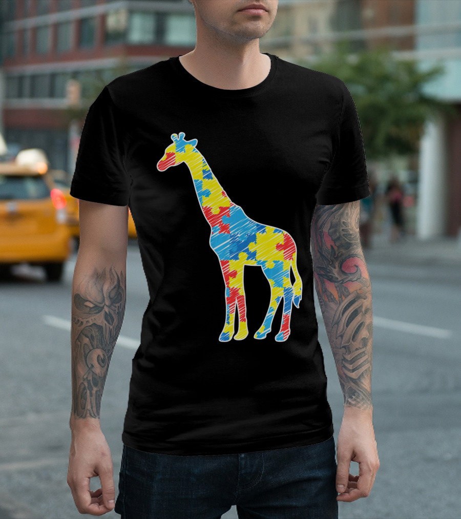 Cute Giraffe Puzzle Pattern Autism Awareness T-Shirt