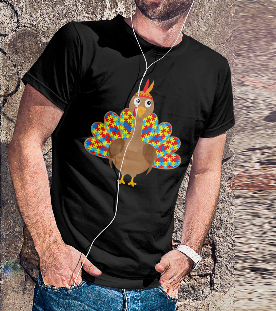 Cute Turkey With Autism Awareness Puzzle Pattern Tail T-Shirt