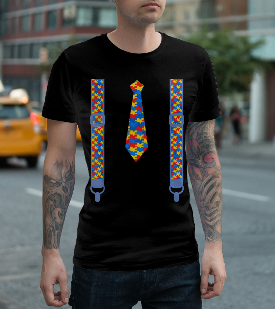Autism Awareness Tie And Suspenders Puzzle T-Shirt