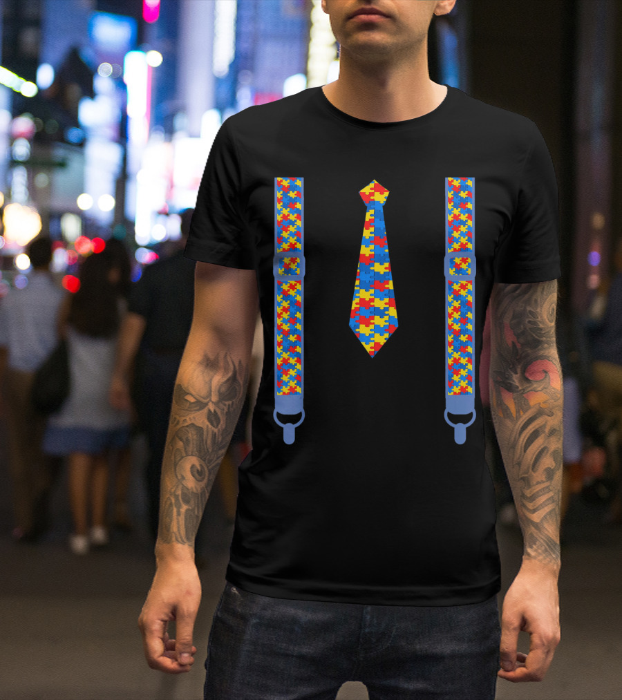 Autism Awareness Tie And Suspenders Puzzle T-Shirt